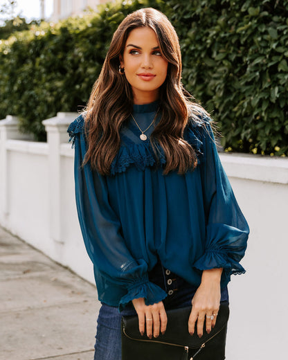 Eleanora Crochet Ruffle Blouse - Teal