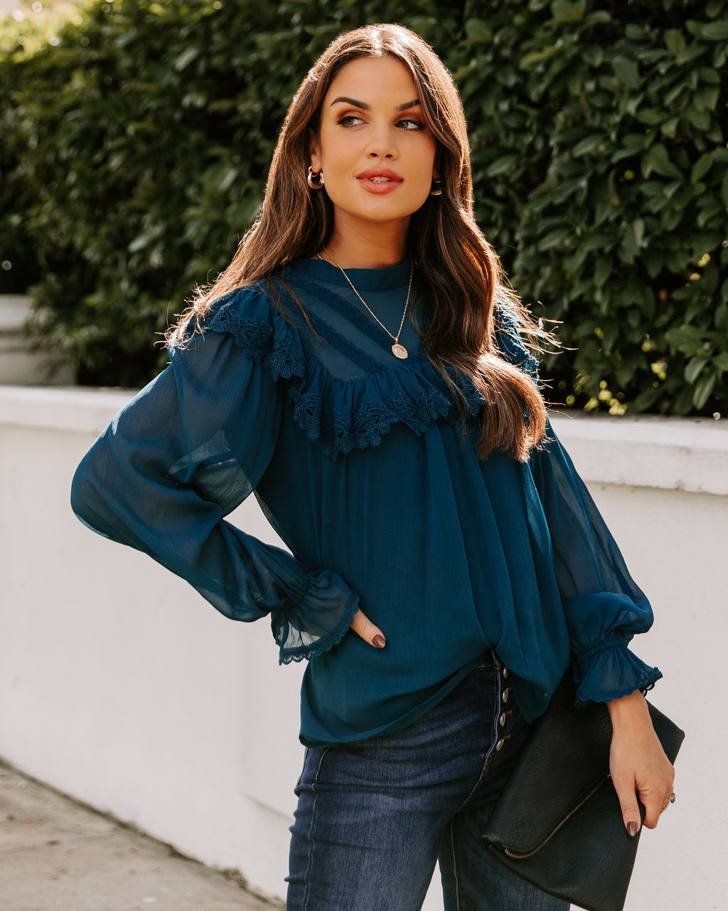 Eleanora Crochet Ruffle Blouse - Teal