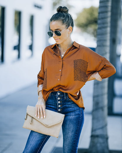 Ellowyn Printed Satin Button Down Blouse - Spice