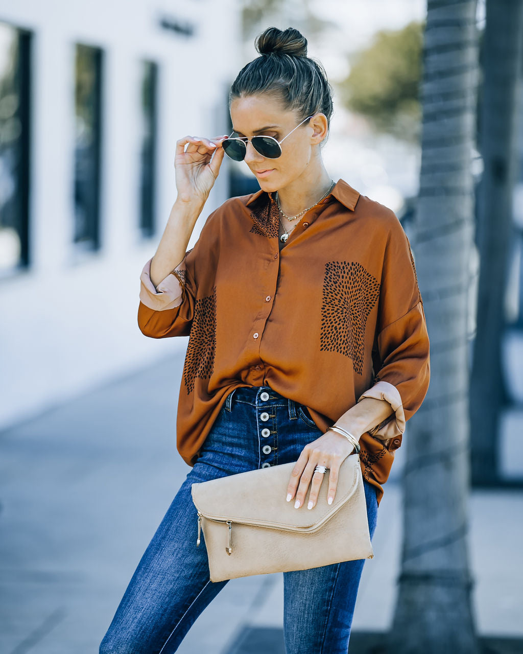 Ellowyn Printed Satin Button Down Blouse - Spice