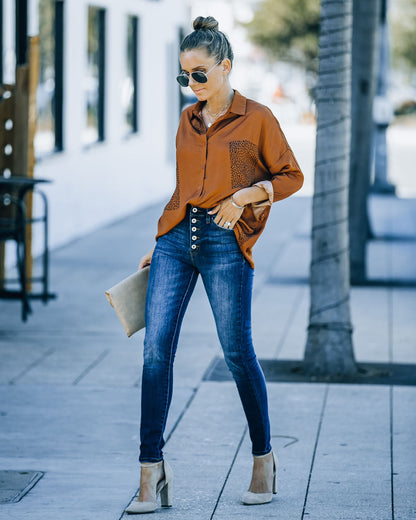 Ellowyn Printed Satin Button Down Blouse - Spice