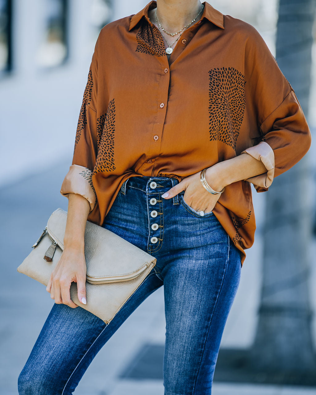 Ellowyn Printed Satin Button Down Blouse - Spice