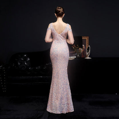 Emery sequined fringed fishtail dress