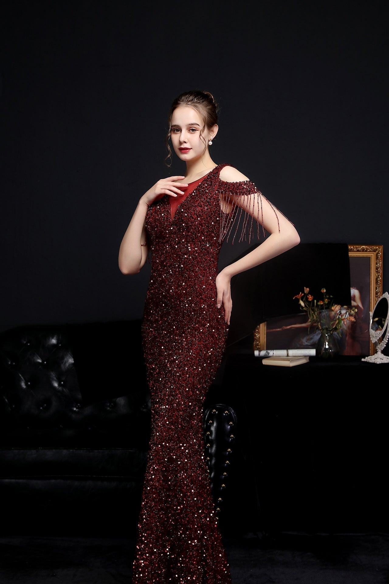 Emery sequined fringed fishtail dress