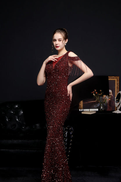 Emery sequined fringed fishtail dress