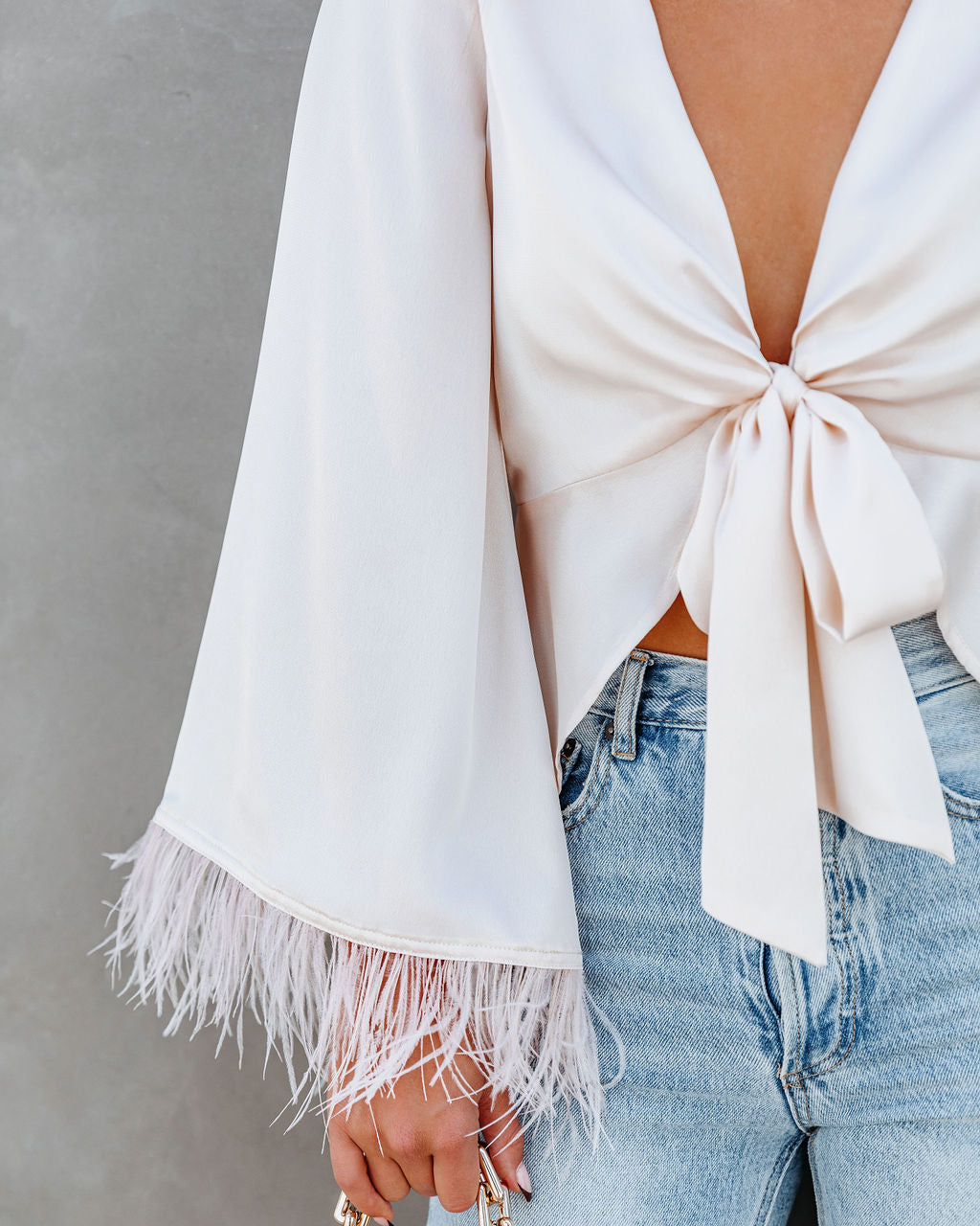 Feathers In The Wind Bell Sleeve Tie Blouse - Champagne