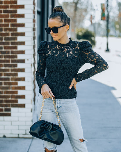 Fulfilled Heart Statement Sleeve Lace Blouse - Black