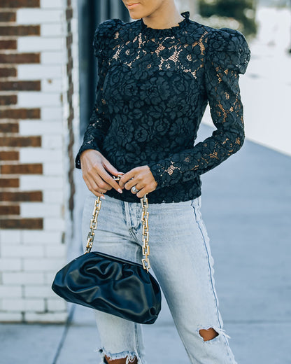Fulfilled Heart Statement Sleeve Lace Blouse - Black