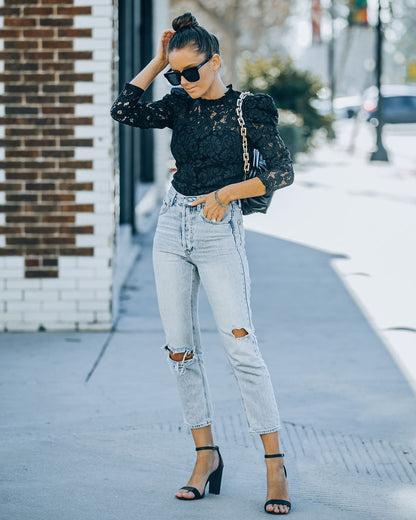 Fulfilled Heart Statement Sleeve Lace Blouse - Black