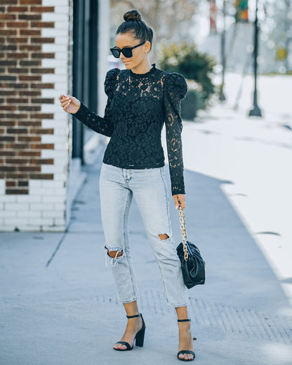 Fulfilled Heart Statement Sleeve Lace Blouse - Black
