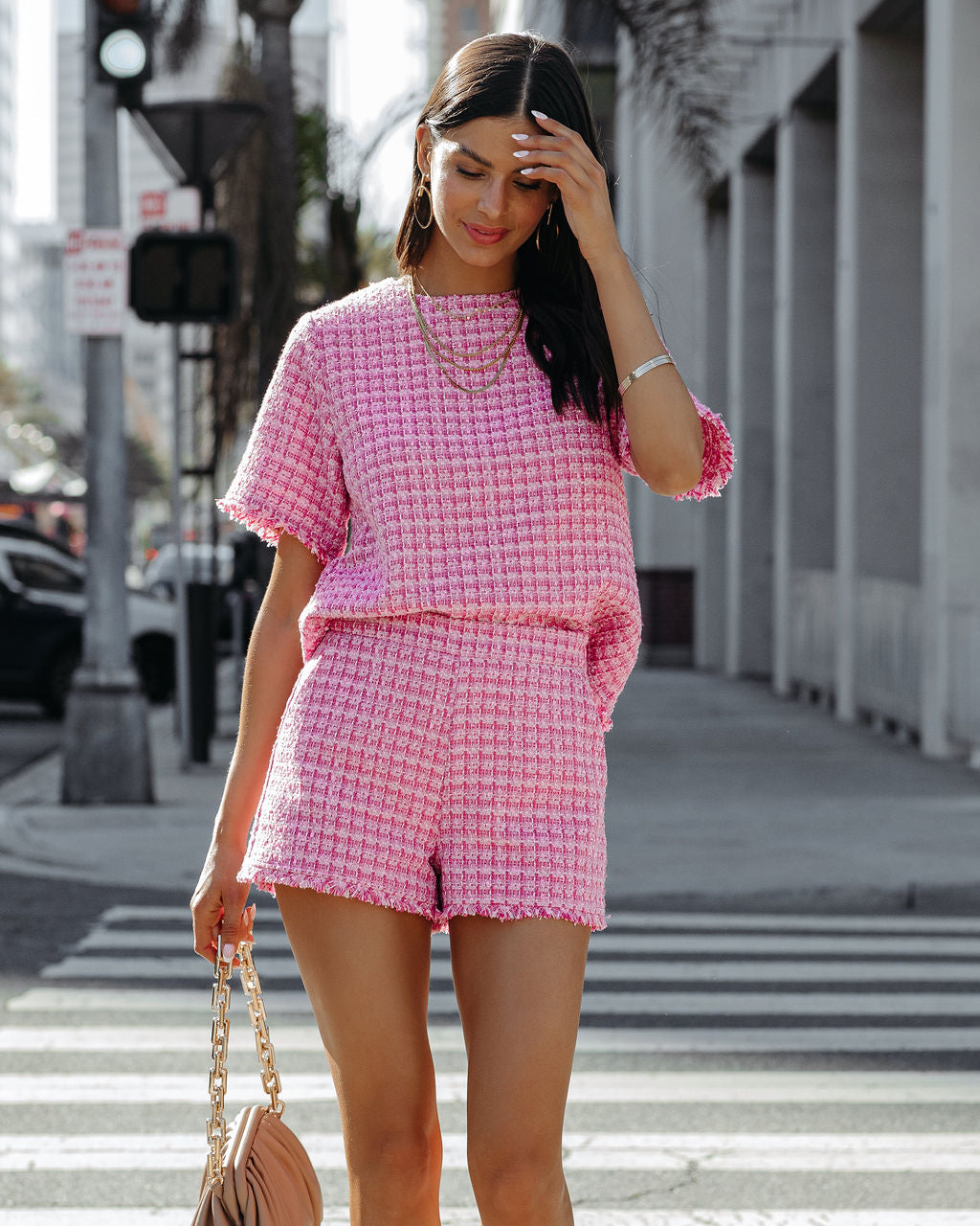 Gracie Frayed Short Sleeve Tweed Blouse - Pink