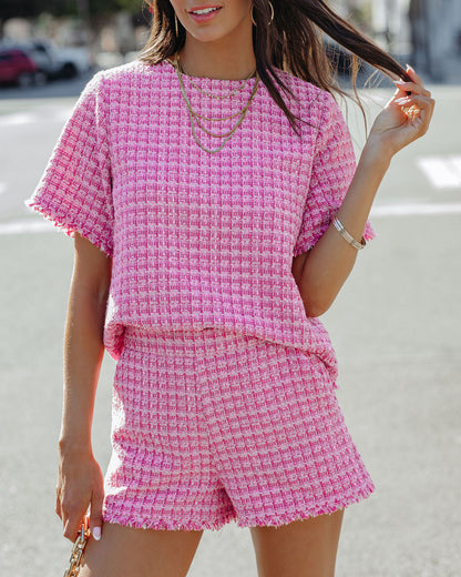 Gracie Frayed Short Sleeve Tweed Blouse - Pink