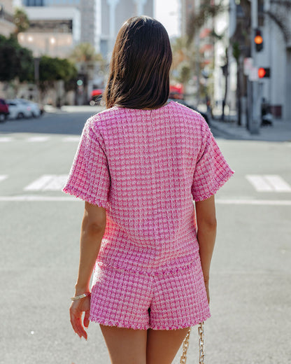 Gracie Frayed Short Sleeve Tweed Blouse - Pink