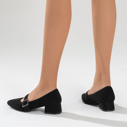 Black Mary Jane Dress Shoes Pointy Toe Low Block Heel Pumps