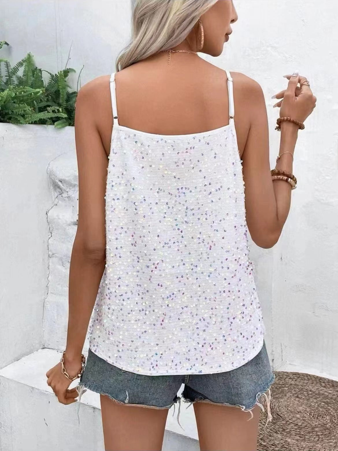 Flashing Lights Sequin Cowl Neck Crop Top - Pearl