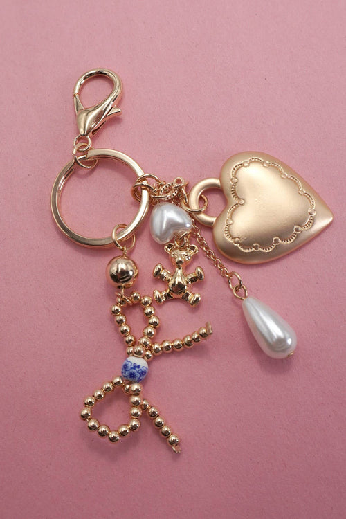 PORCELAIN BOW HEART TEDDY BEAR PEARL BAG CHARM